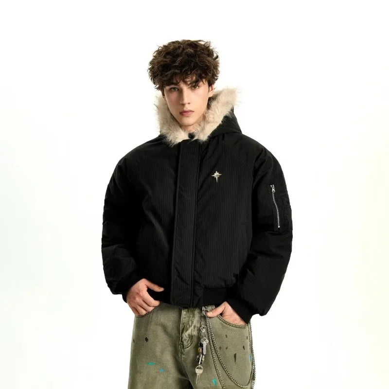 Winter American Street Hooded Parkas Mens New 2024 Thickened Trendy Fur Collar Cotton Jackets Warm Zipper Pocket Fluffy Coats