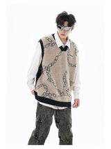 high street harajuku imitation mink hair knitted vest chain color block v neck pullover sweater vest oversized knitwear trendy oversized graphic print design, trendy hip hop style outerwear, high quality cotton pullover