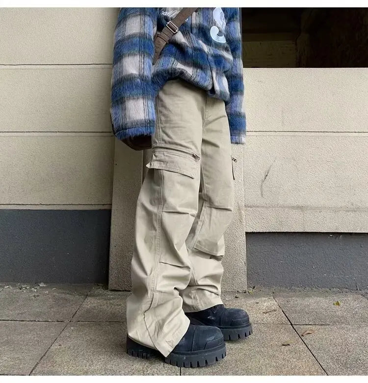 brand pants casual pants multi pockets checked cloth straight loose solid korean multi pocket fashions harem trousers cargo pant unique cargo style 1427