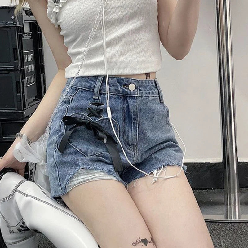 high waist women denim shorts summer fashion bow loose shorts korean casual female streetwear all match ripped pants unique jeans style 1299