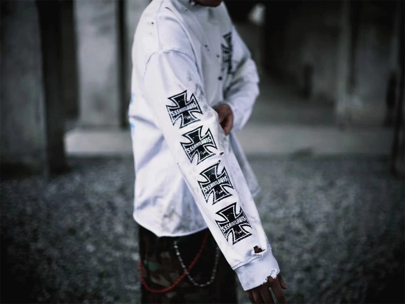 sssaint Louis Vintage Dirty Worn Distressed Cross Print High-Street Graffiti Long Sleeve T Shirt Pullover Summer