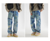 fashion fake patchwork printed denim jeans mens new casual zipper straight loose jeans streetwear hip hop baggy pants joggers unique joggers style 2420