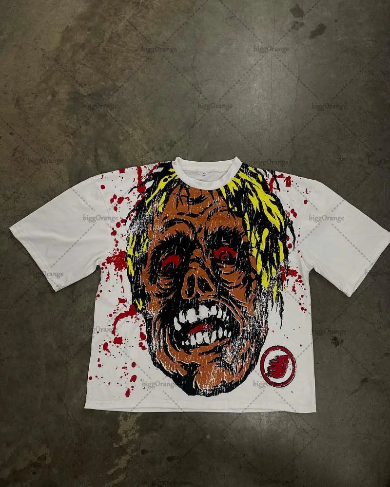 Skatercore Melting smiley – 2023 New Gothic Punk Devil Pattern Print Oversized T Shirt M