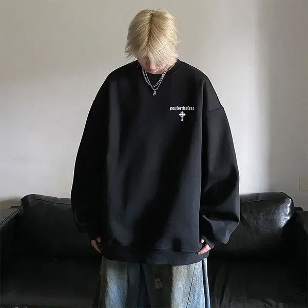High-end Korean Round-neck Printed Sweatshirt for Men Autumn Trend Y2K High Street American Style Retro Heavyweight Jacket Top