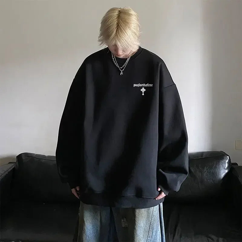 High-end Korean Round-neck Printed Sweatshirt for Men Autumn Trend Y2K High Street American Style Retro Heavyweight Jacket Top