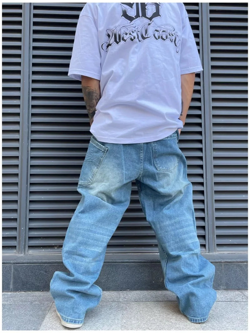 fashion loose streetwear denim jeans pants unisex casual side pocket wide legs jean trousers hip hop joggers mens baggy jeans streetwear sweatpants