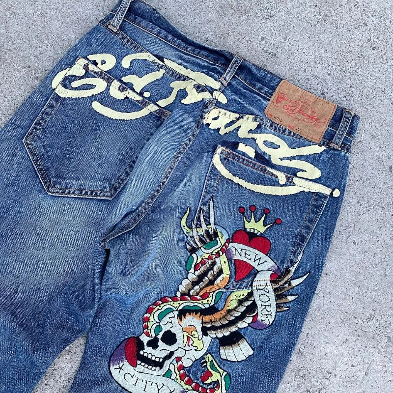 gothic hip hop skull embroidery jeans for men casual y2k high waist wide leg baggy jeans retro straight denim pants streetwear unique jeans style 862