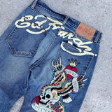 gothic hip hop skull embroidery jeans for men casual y2k high waist wide leg baggy jeans retro straight denim pants streetwear unique jeans style 862