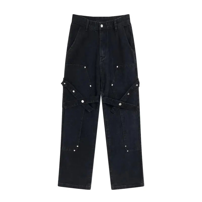 fashion knee adjust belt decoration denim jeans zipper straight jeans hip hop streetwear mens casual loose joggers jeans pants relaxed fit joggers