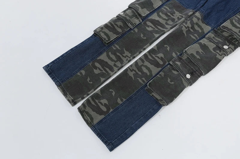street wear camouflage patchwork cargo flared jeans harajuku unisex functional side multiple pockets camou jeans pants baggy unique cargo style 4441