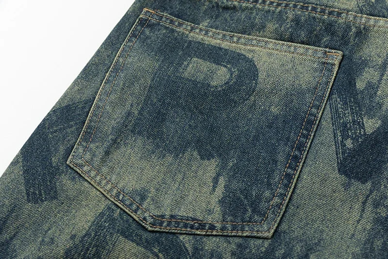 men loose casual american high street hip hop vibe printed denim baggy jeans pants man streetwear ripped jeans trousers unique jeans style 3089