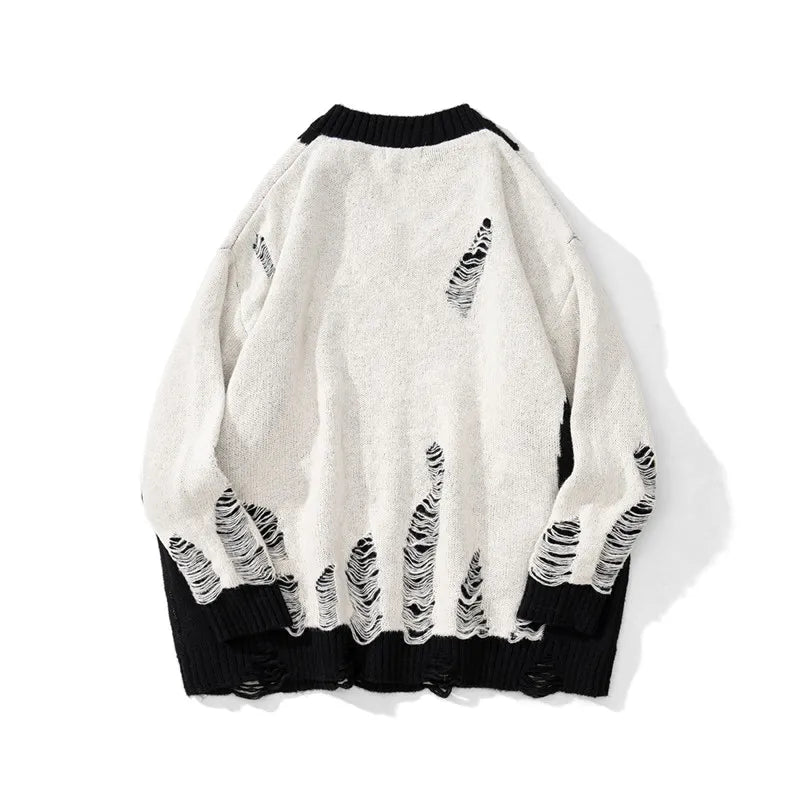 hip hop streetwear knitted sweater sweater 2022 mens harajuku ripped holes new casual v neck tops cotton loose pullover sweaters - high quality cotton hoodie, Y2K grunge street style, gothic aesthetic hoodie for winter