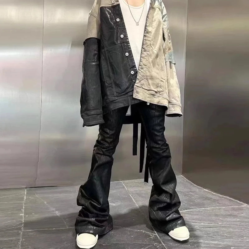 european and american street batik black paint coat wide jeans pants fashionable baggy contoured distressed flared denim jeans ripped baggy denim