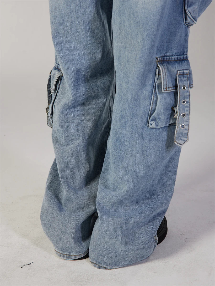 fashion loose streetwear cargo denim jeans unisex casual multi pocket straight jean pants with belt hip hop joggers baggy jeans unique joggers style 3710