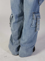 fashion loose streetwear cargo denim jeans unisex casual multi pocket straight jean pants with belt hip hop joggers baggy jeans unique joggers style 3710