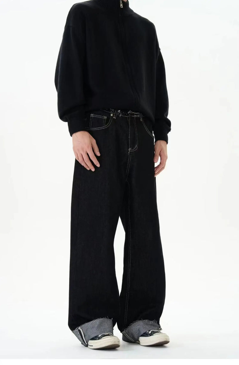 men women streetwear fashion loose casual wide leg straight black denim jeans pant boyfriend y2k baggy jeans trousers unique jeans style 2376