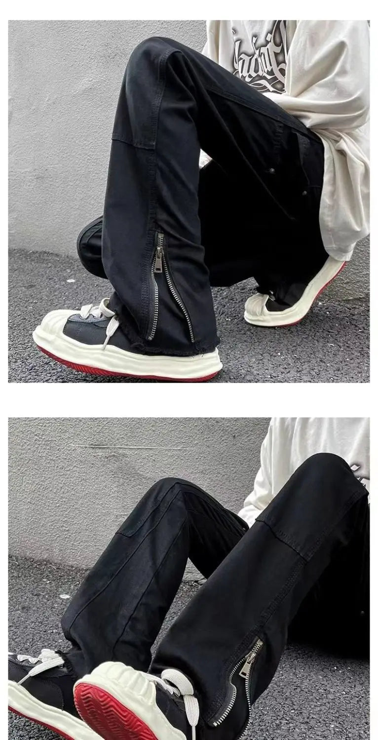 2023 autumn new light luxury fashion retro jeans men zipper straight loose jeans all match boutique clothing simple style unique jeans style 3703