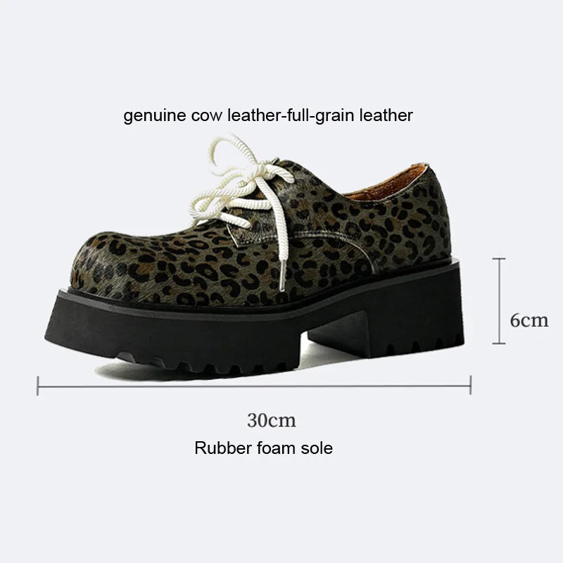 Men Leopard Genuine Leather Streetwear Fashion Casual Retro Derby Shoes Cityboy Cow Leather Height Increasing Shoes Loafers Man