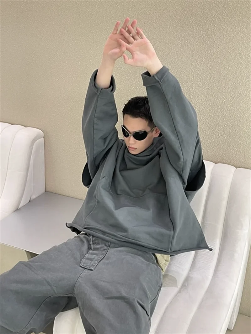 greg kanye double layer heavyweight fit hooded pullover with raw edges sweater grey oversized graphic print design, trendy hip hop style outerwear, unique limited edition hoodie