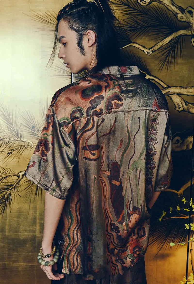 Dunhuang Feitian new Chinese style national trend printed casual short-sleeved shirt 2024 young men and women trendy retro tops