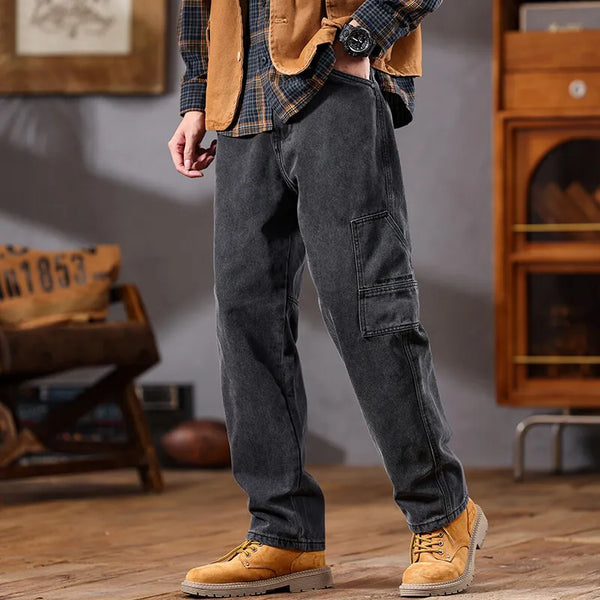 men retro fashion streetwear loose casual plus size straight denim cargo jeans pants man black gray jeans trousers combat utility trousers