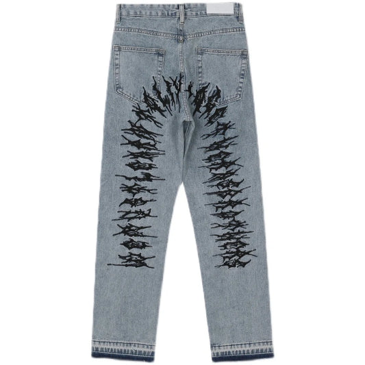 fashion back letters embroidery denim jeans mens casual zipper straight harajuku jean trouser hip hop streetwear pants joggers streetwear sweatpants