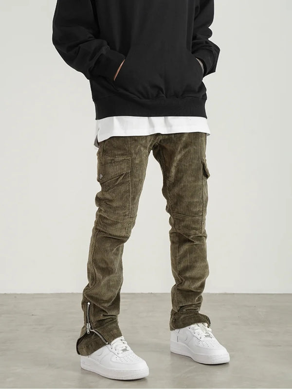 mens corduroy cargo pants new casual hip hop side pockets skinny trousers streetwear bottom zipper fashion slim fit pant joggers urban active pants