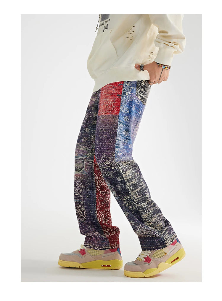 hip hop paisley printed denim jeans mens new casual zipper straight jeans streetwear high street loose pants baggy jeans joggers unique joggers style 2403