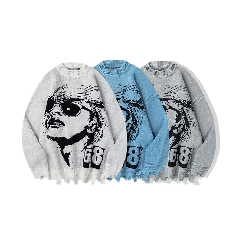 hip hop knitted oversized sweater men autumn winter o neck long sleeve pullover streetwear casual loose sweaters jumper knitwear - anime inspired graphic hoodie, bold artwork streetwear hoodie, 2025 streetwear drop