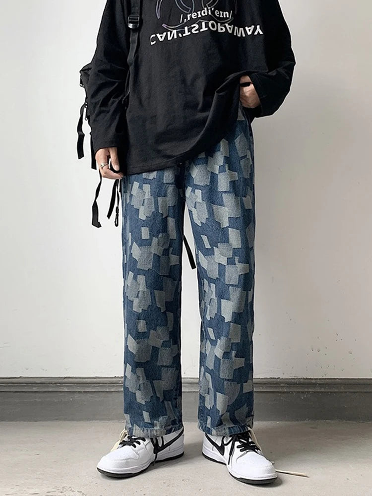 american plaid straight jeans mens casual streetwear printed denim pants autumn baggy classic wide leg retro y2k jean trousers unique jeans style 898