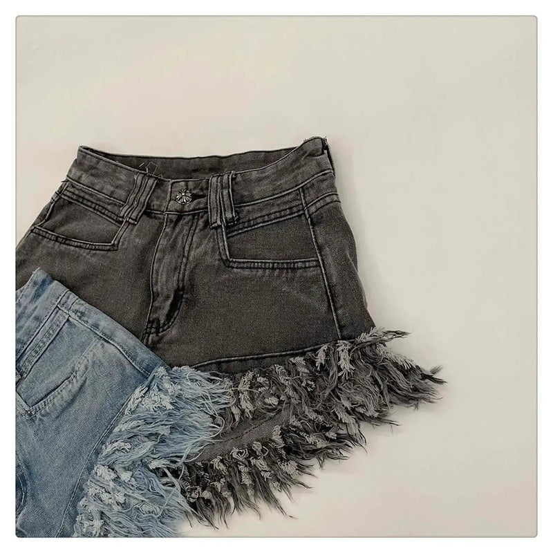 Raw Edge Fringe Gothic Style Denim Shorts Female Summer American Street High Waist Design Sense Casual A Word Super Short