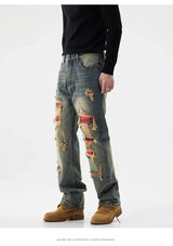 men broken hole patch loose casual plus size straight ripped denim pants jeans man streetwear fashion baggy jeans trousers unique jeans style 3161