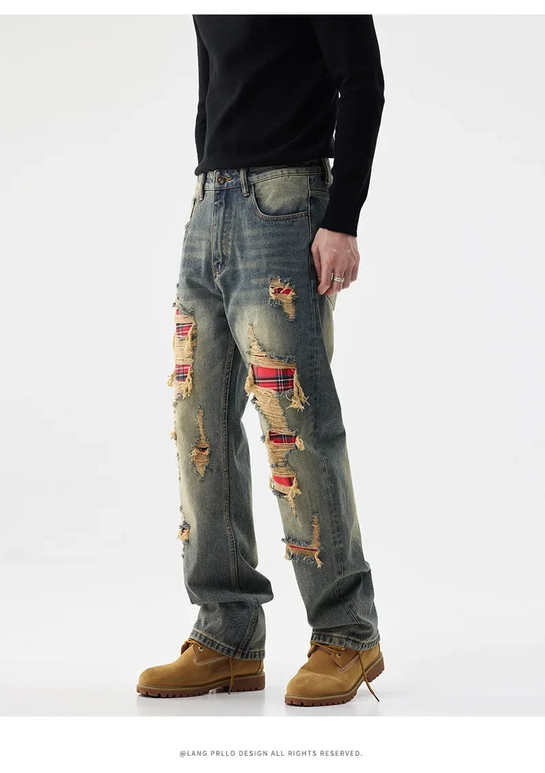 men broken hole patch loose casual plus size straight ripped denim pants jeans man streetwear fashion baggy jeans trousers unique jeans style 3161