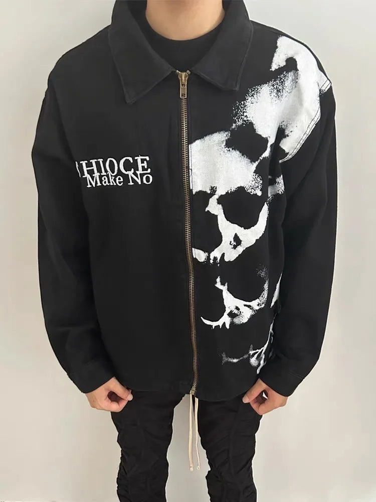 skulls printed harajuku denim jacket and coat mens fashion hip hop full zipper outerwear casual loose streetwear jeans jacket - variant style 5ffd38 for streetwear fashion
