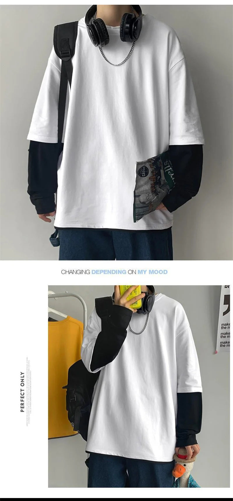 Sadcore Vintage print – Autumn Mens Casual Long Sleeve T Shirt Plus Size Sweatshirts