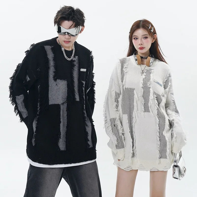 hip hop knitted oversized sweater mens ripped tassel holes pullover streetwear unisex new casual loose sweaters jumpers knitwear - gothic aesthetic hoodie for winter, 2025 streetwear drop, bold artwork streetwear hoodie