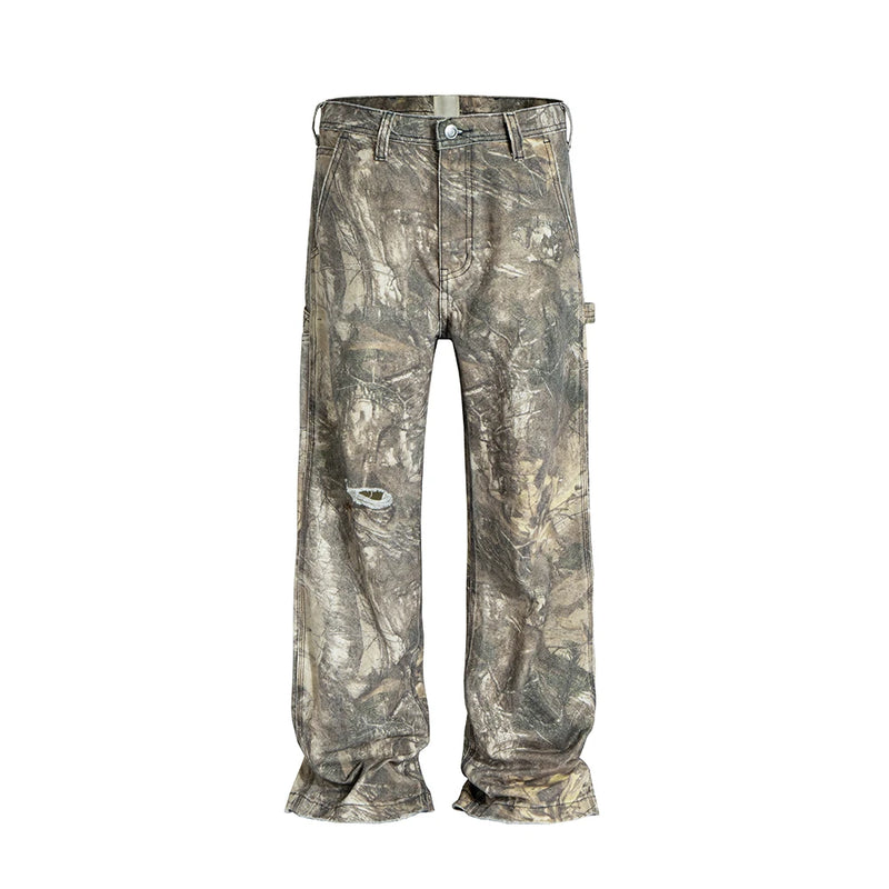 streetwear trees print camouflage baggy jeans for men and women patchwork washed casual denim trouses oversized loose cargos utility cargo pants