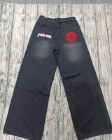 american style baggy oversized jeans y2k harajuku retro hip hop streetwear gothic bat pattern casual straight wide leg pants men unique jeans style 2734