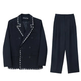 men streetwear fashion loose casual rivet hip hop party dress 2 piece suits blazers jacket pant sets stage clothing costume unique default style 1541