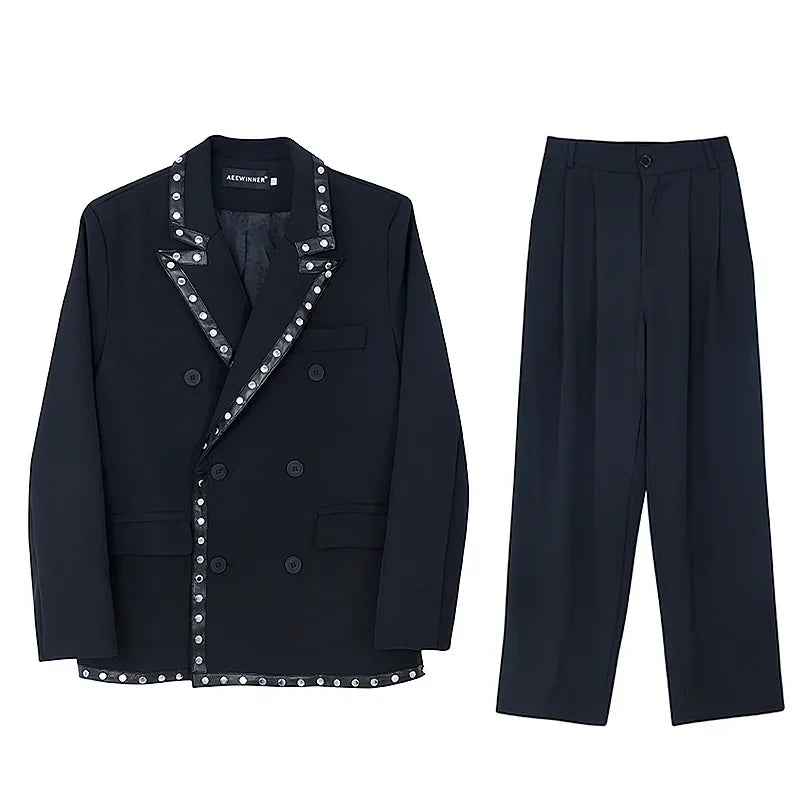 men streetwear fashion loose casual rivet hip hop party dress 2 piece suits blazers jacket pant sets stage clothing costume unique default style 1541