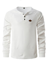 2024 New vintage Waffle Men's Henry shirt with button-down crew-neck and long sleeves