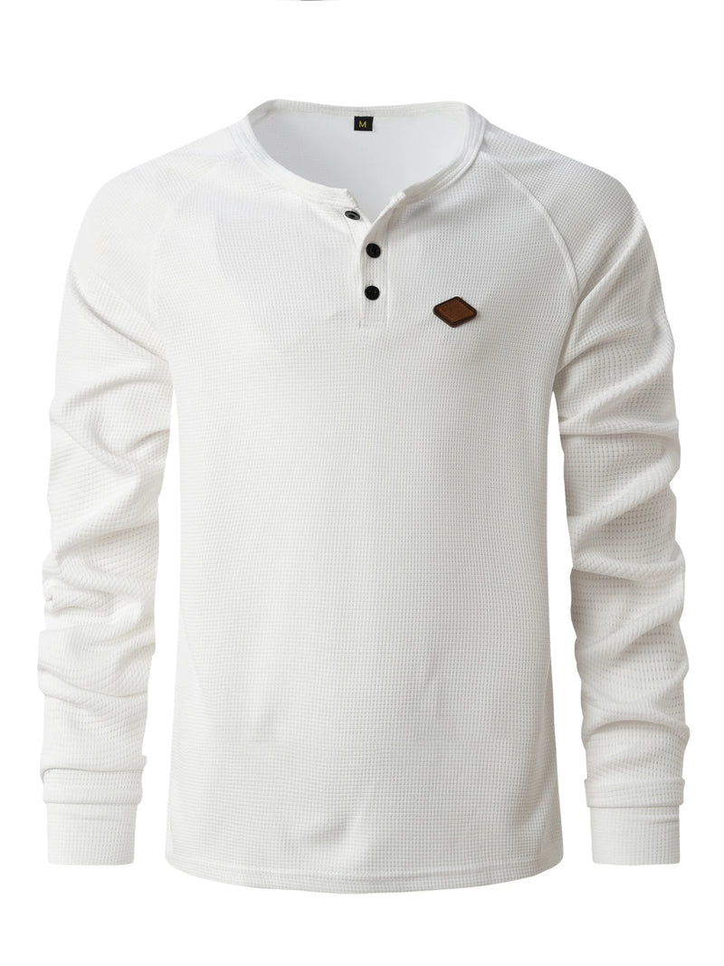 2024 New vintage Waffle Men's Henry shirt with button-down crew-neck and long sleeves