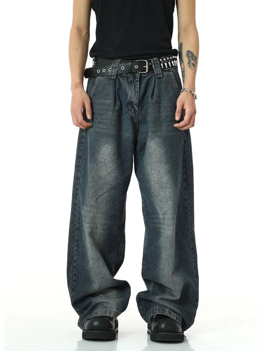 mens high street loose denim jeans unisex casual straight zipper jeans hip hop streetwear casual wide legs joggers baggy jeans relaxed fit joggers