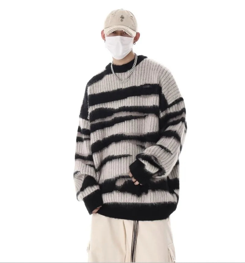 korean hip hop set men striped vintage knit sweater drawstring big pocket cargo pants 2 pcs set spring college casual suit 2024 unique cargo style 4871