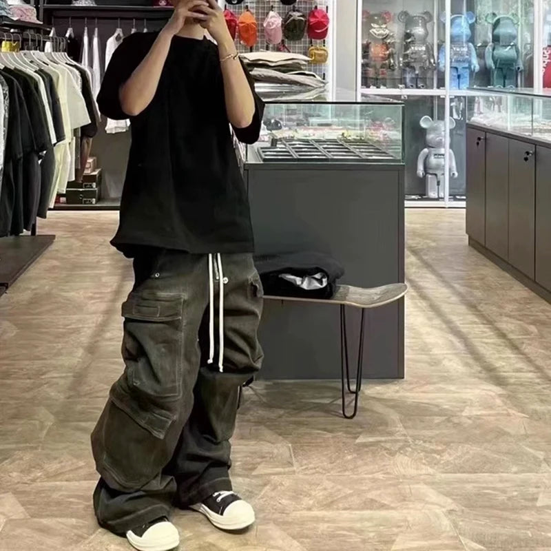 ro style ribbons wide leg multi pockets smoke grey baggy jeans for men straight pantalones hombre drawstring denim trousers vintage washed jeans
