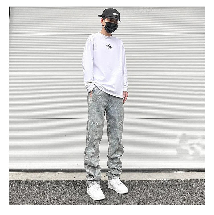 side long zipper open denim jeans mens elastic waist straight biker trousers jeans fashion streetwear hip hop jean pants joggers unique joggers style 2540