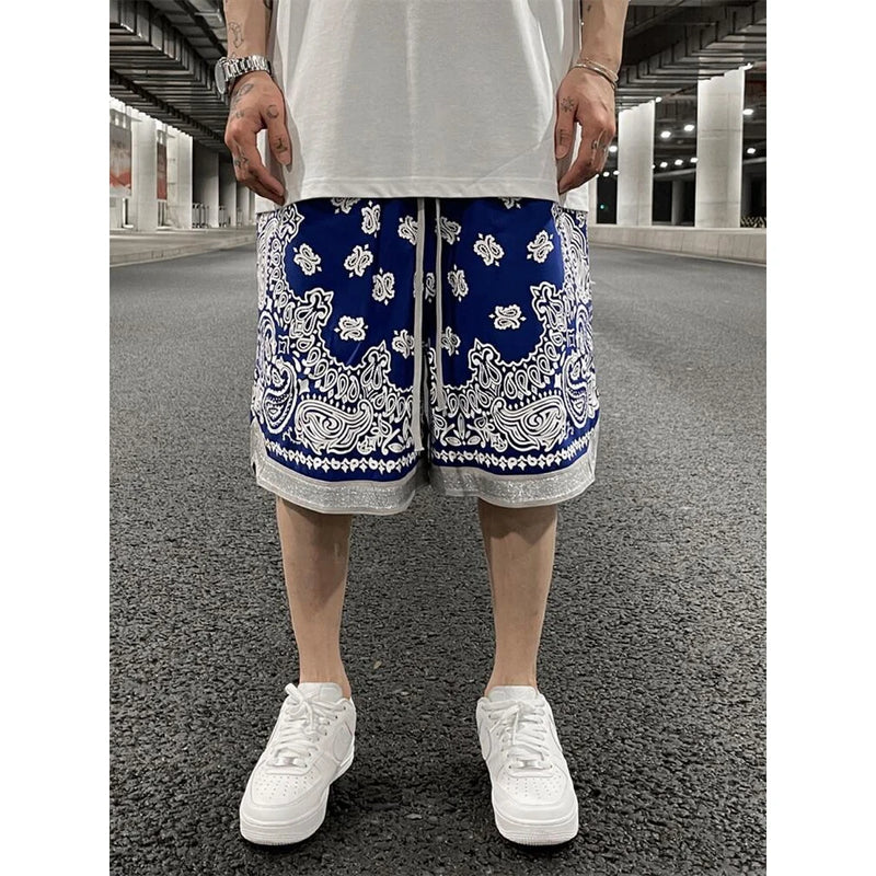 retro cashew flowers casual shorts summer streetwear fashion patchwork knee length men women paisley printing sweat shorts techwear shorts
