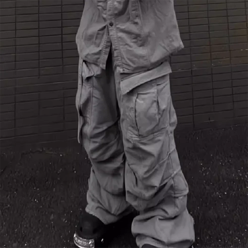 streetwear big pockets sashes pleated baggy jeans for men and women washed straight casual cargo pants oversize denim trousers 1 combat utility trousers