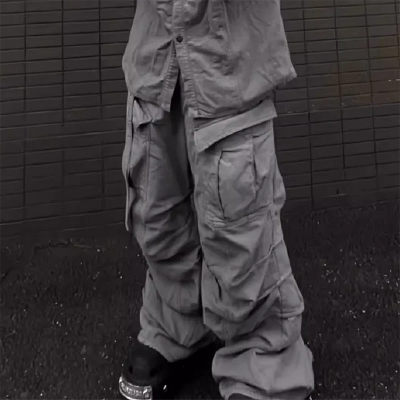 streetwear big pockets sashes pleated baggy jeans for men and women washed straight casual cargo pants oversize denim trousers 1 combat utility trousers