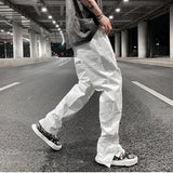 mens hole ripped white ankle zipper button jeans pants straight pockets solid color high street retro loose denim trousers stacked flare jeans